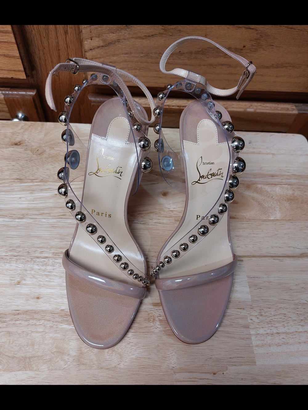 Christian Louboutin Corinetta 100 Size 38/7.5 Nude Patent Studded Heels
